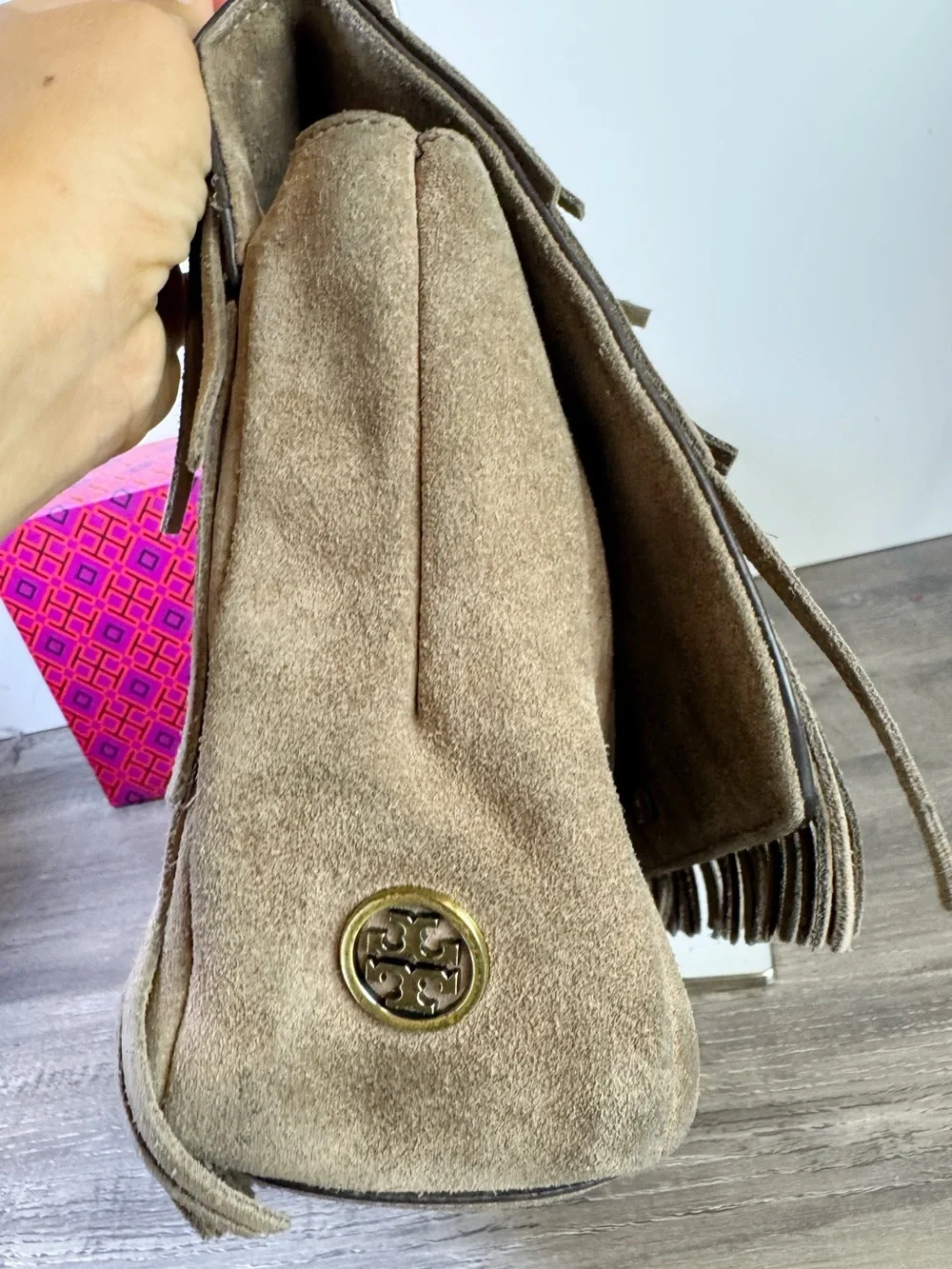 Tory Burch Tan Suede Fringe Shoulder Crossbody Bag with Antique Gold Chain